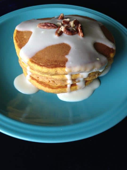 fluffy pumpkin pancakes with maple cream cheese glaze