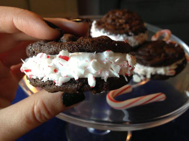 candy cane-filled chocolate cookie sandwiches