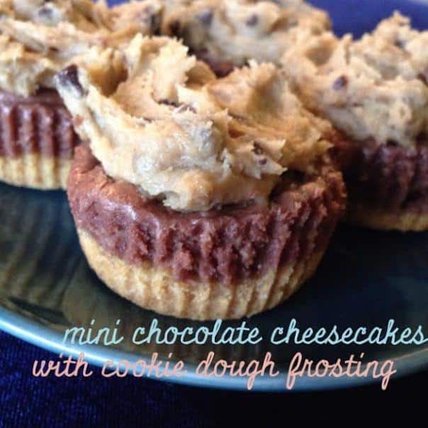 mini chocolate cheesecakes with cookie dough frosting
