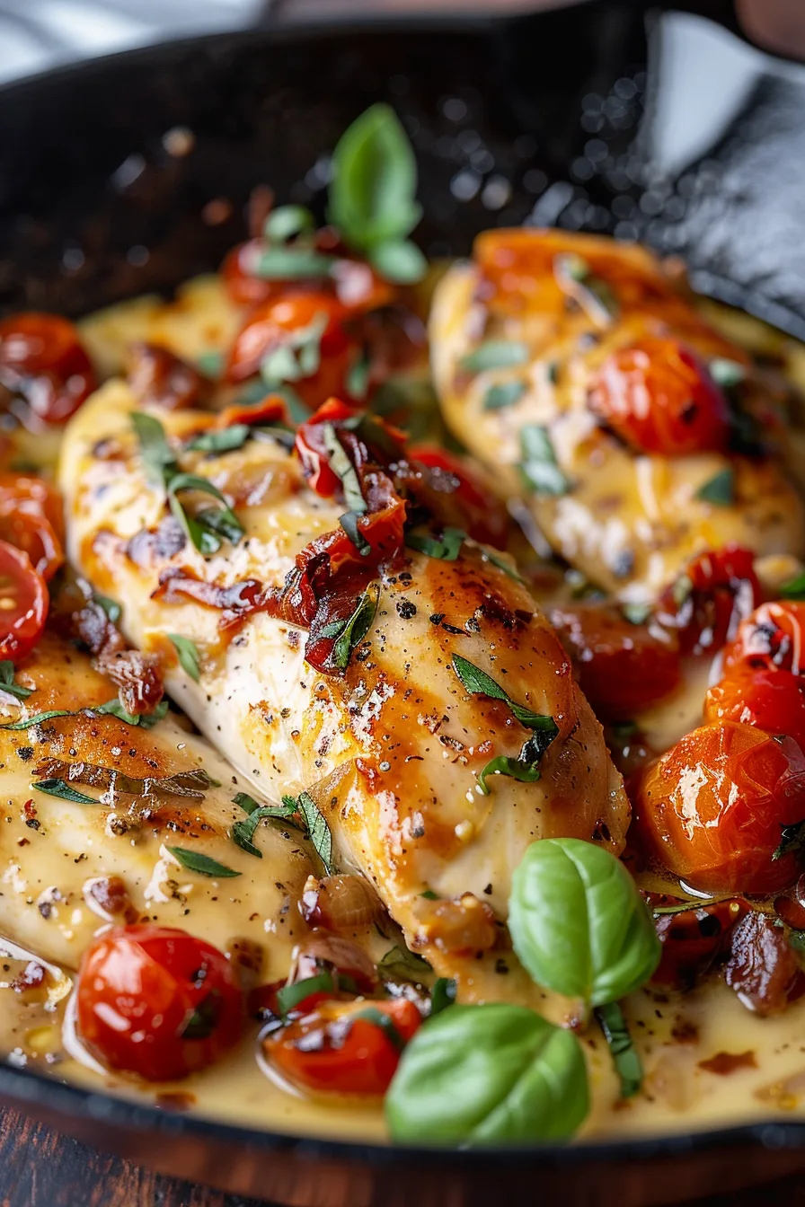 Delicious Creamy Tomato Chicken Chicken in a skillet
