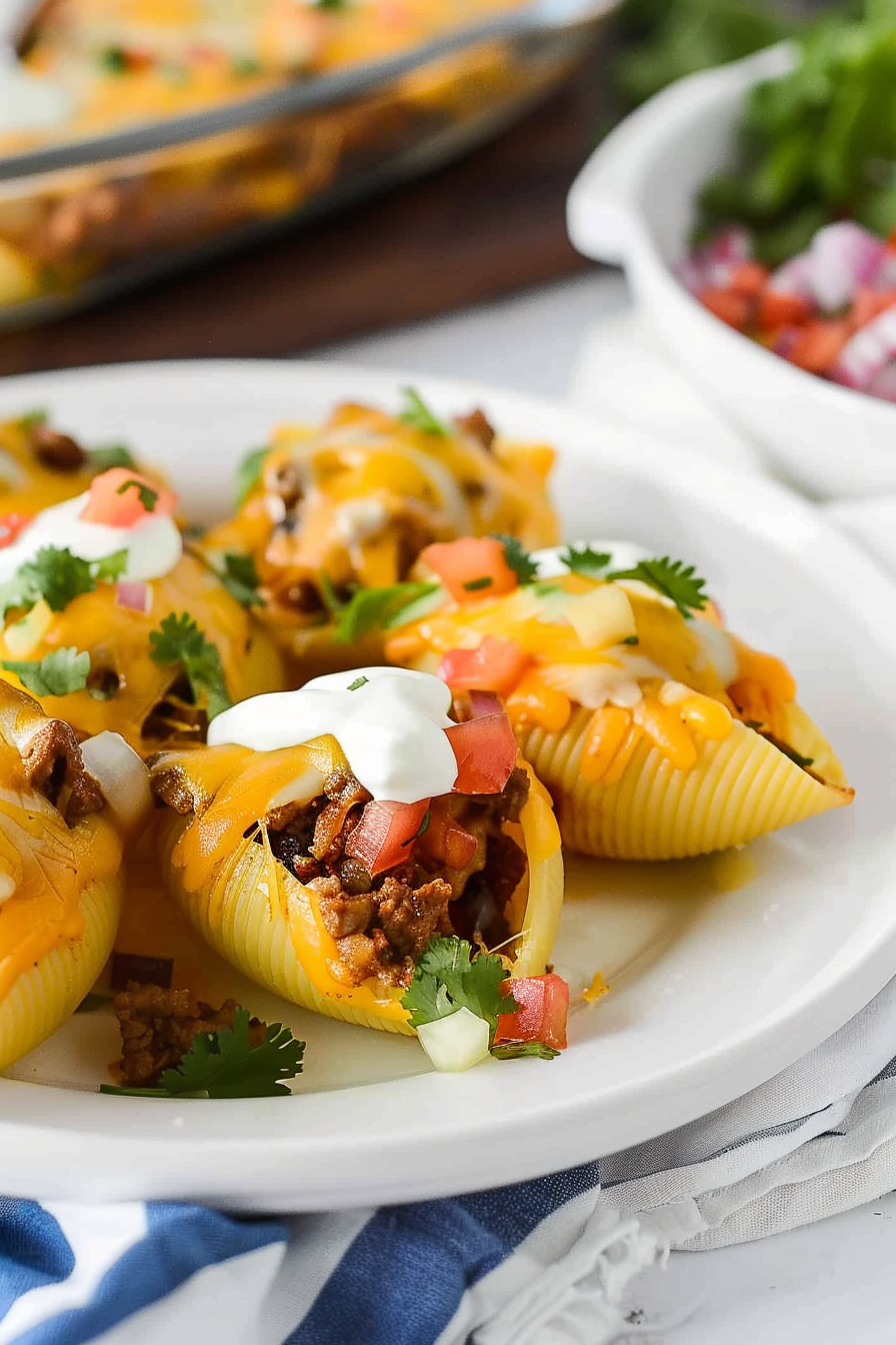 Delicious Taco Stuffed Shells in a baking dish