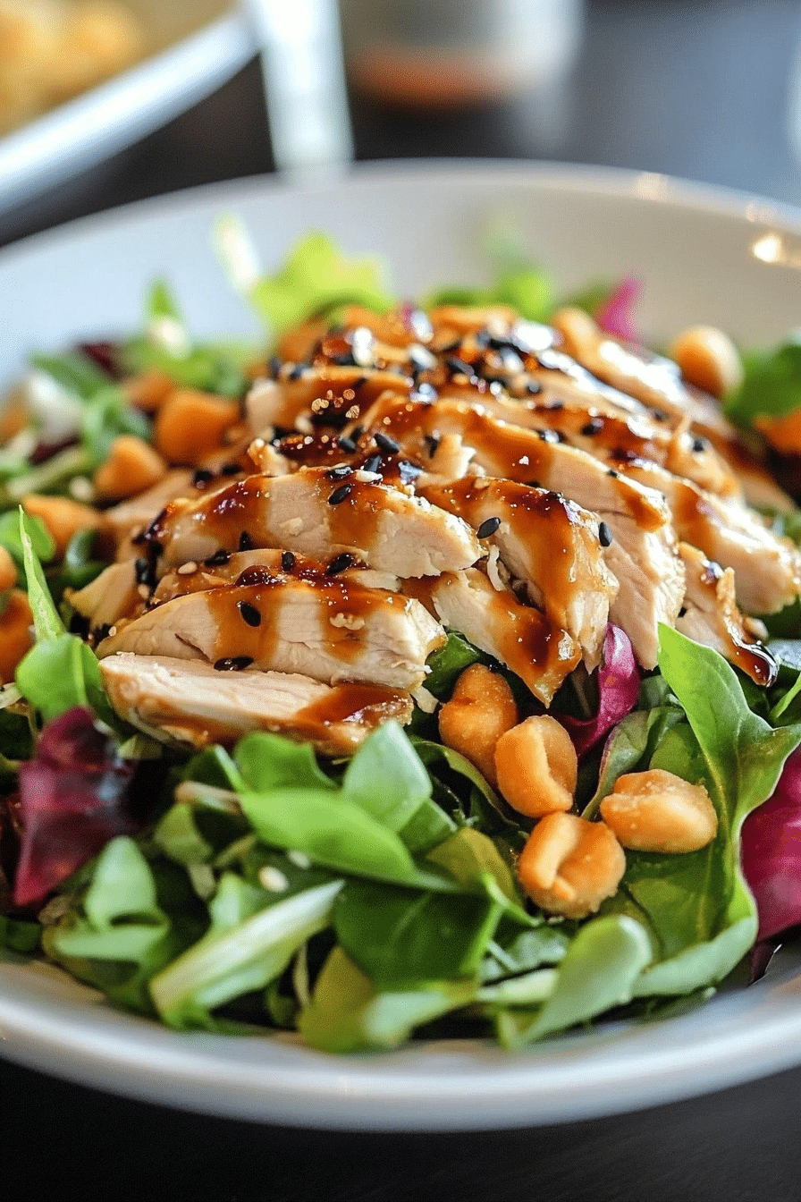 Sliced chicken placed atop greens