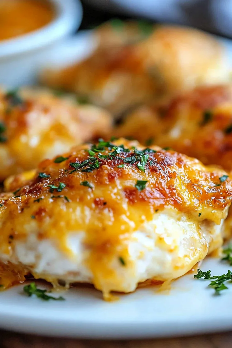 Chicken breasts topped with Parmesan mixture before baking