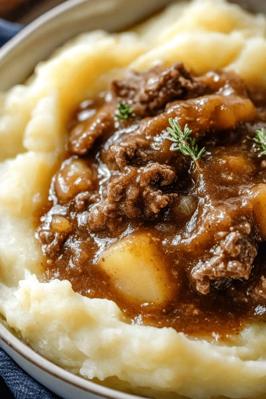 Beef Gravy Potatoes arranged in a serving bowl