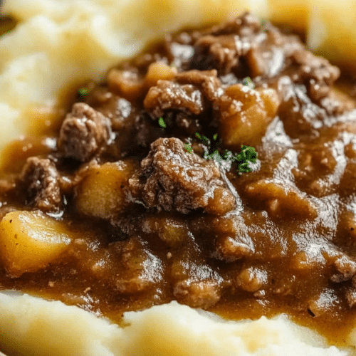 Individual Beef Gravy Potatoes portion on a dinner plate