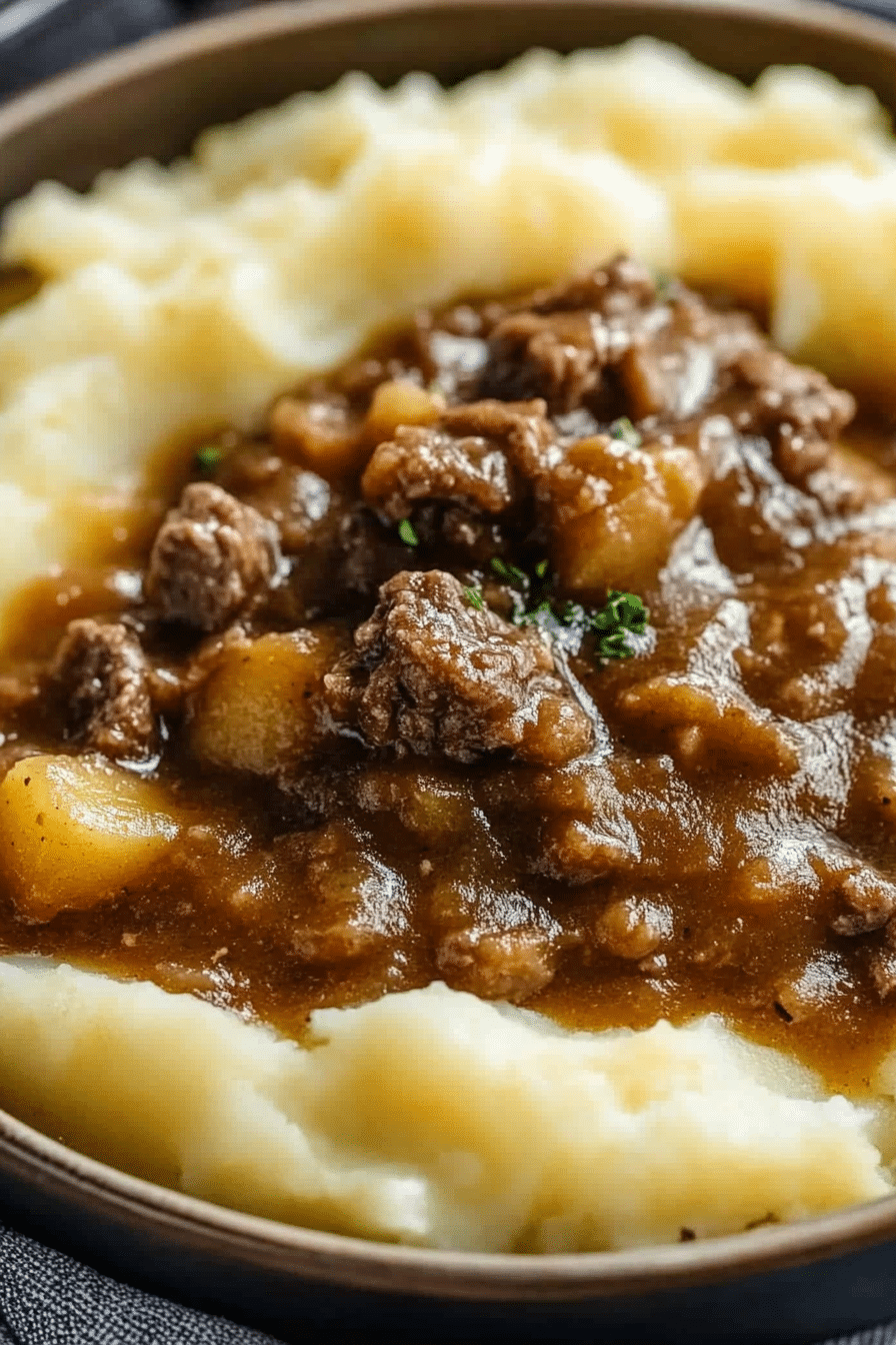 Individual Beef Gravy Potatoes portion on a dinner plate