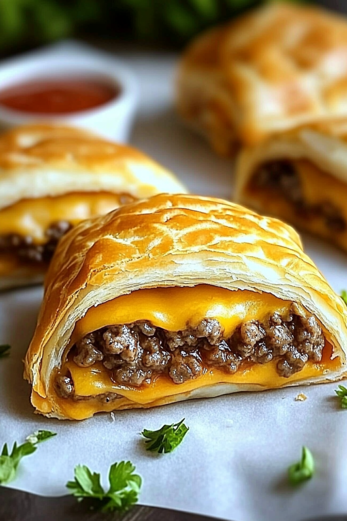 Cheeseburger Pockets on a rustic wooden board