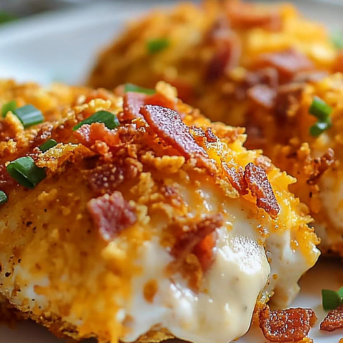 Overhead shot of Cheesy Bacon Doritos Chicken next to dipping sauce