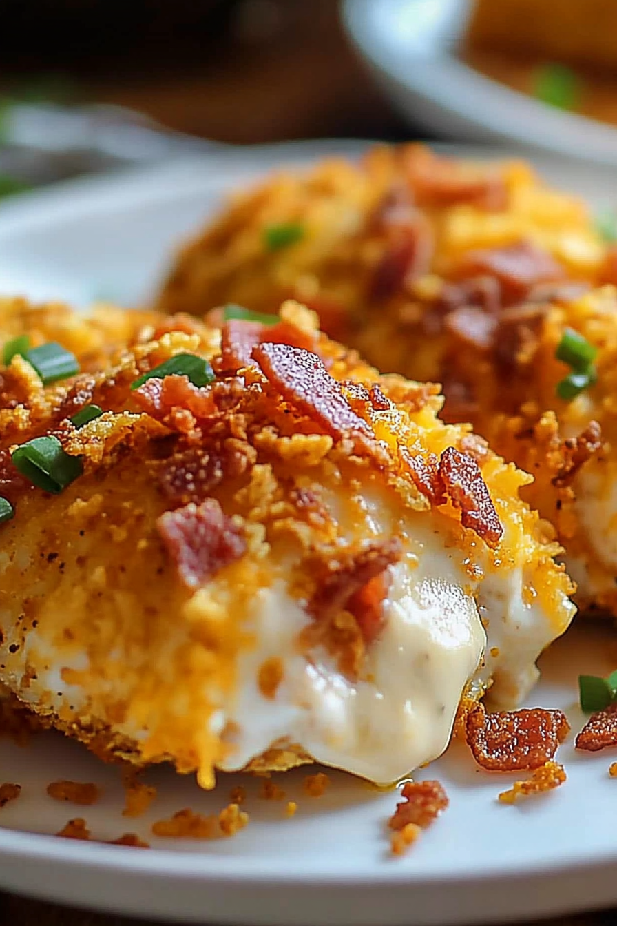 Overhead shot of Cheesy Bacon Doritos Chicken next to dipping sauce