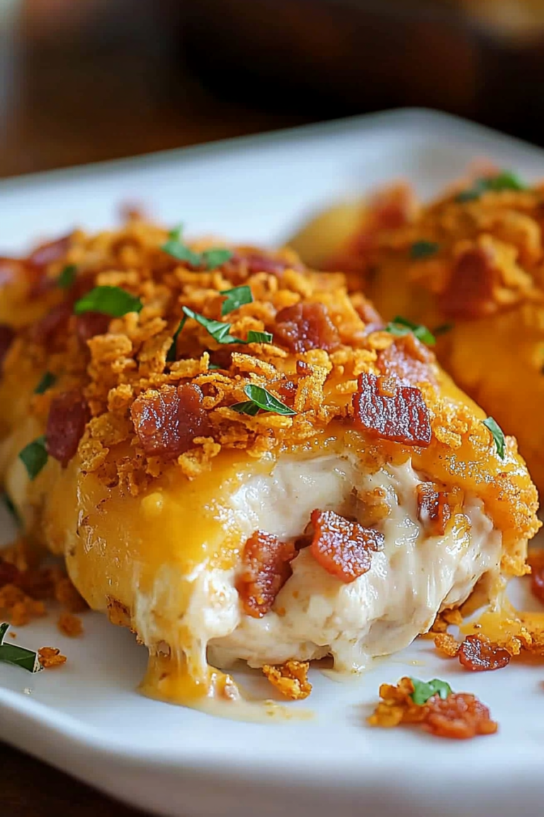 Platter of Cheesy Bacon Doritos Chicken garnished with fresh herbs