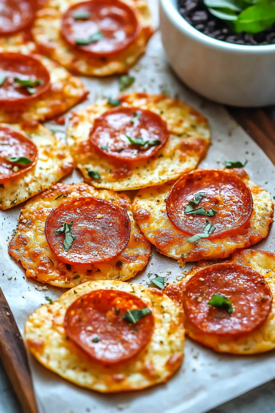 Low-Carb Pizza Chips arranged on a plate for serving