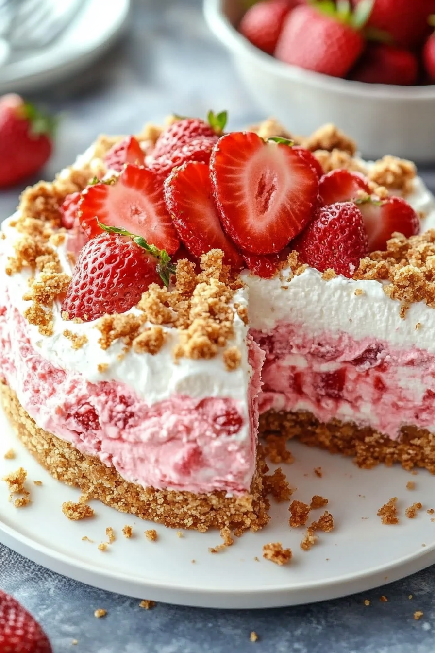 Close-up of No-Bake Strawberry Crisp Cheesecake crumb