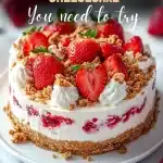 Whole No-Bake Strawberry Crisp Cheesecake garnished with whipped cream