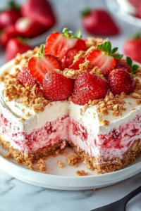 No-Bake Strawberry Crisp Cheesecake slices on a dessert table