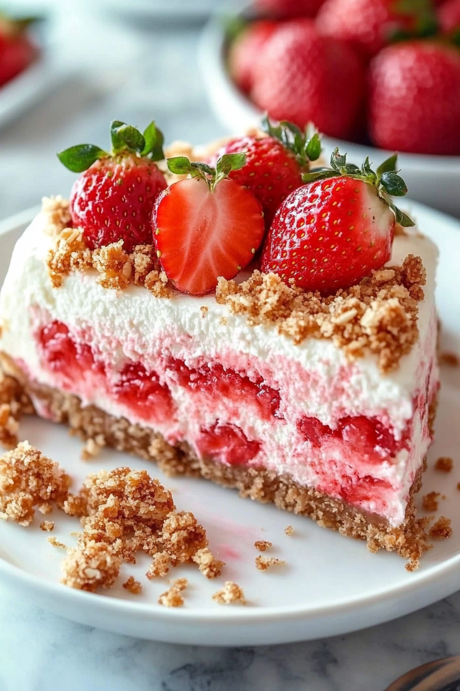 Whole No-Bake Strawberry Crisp Cheesecake garnished with whipped cream