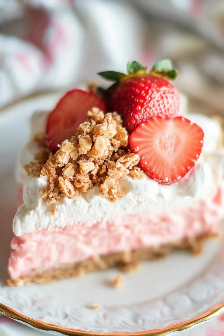 Slice of No-Bake Strawberry Crisp Cheesecake on a white plate