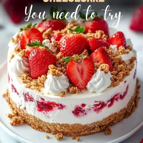 Whole No-Bake Strawberry Crisp Cheesecake garnished with whipped cream