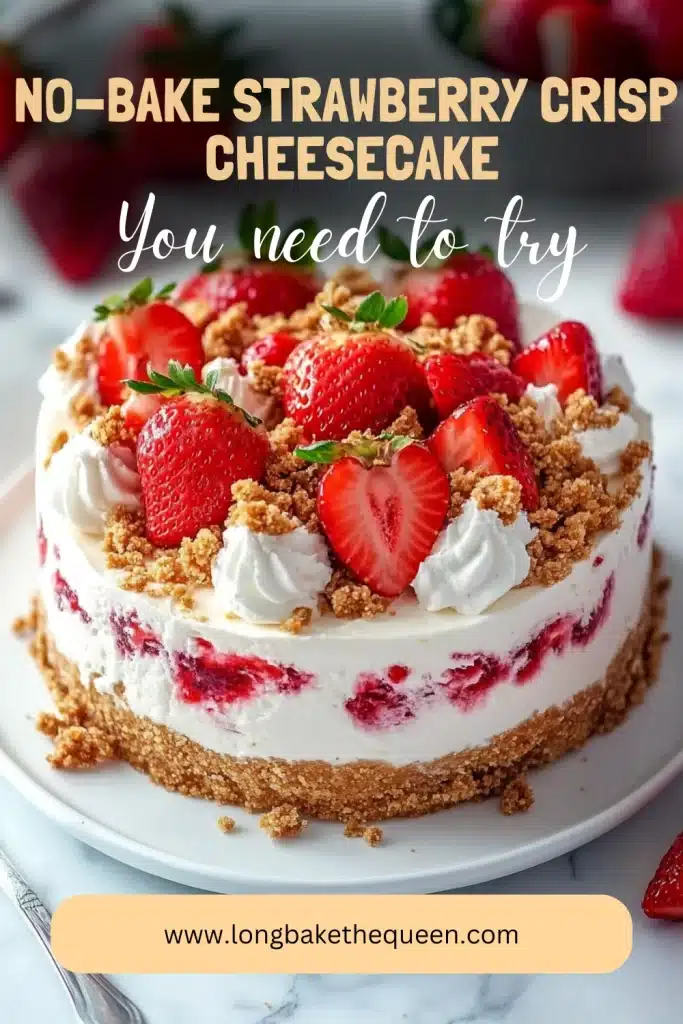 Whole No-Bake Strawberry Crisp Cheesecake garnished with whipped cream