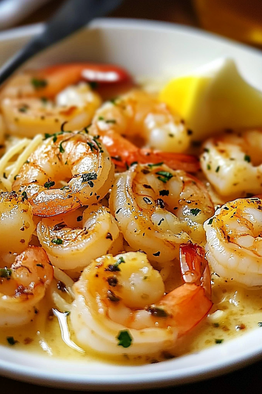 Close-up of Red Lobster Shrimp Scampi mid-cook