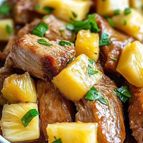 Slow Cooker Pineapple Pork close-up in serving dish