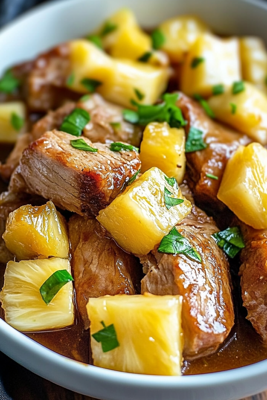 Slow Cooker Pineapple Pork close-up in serving dish