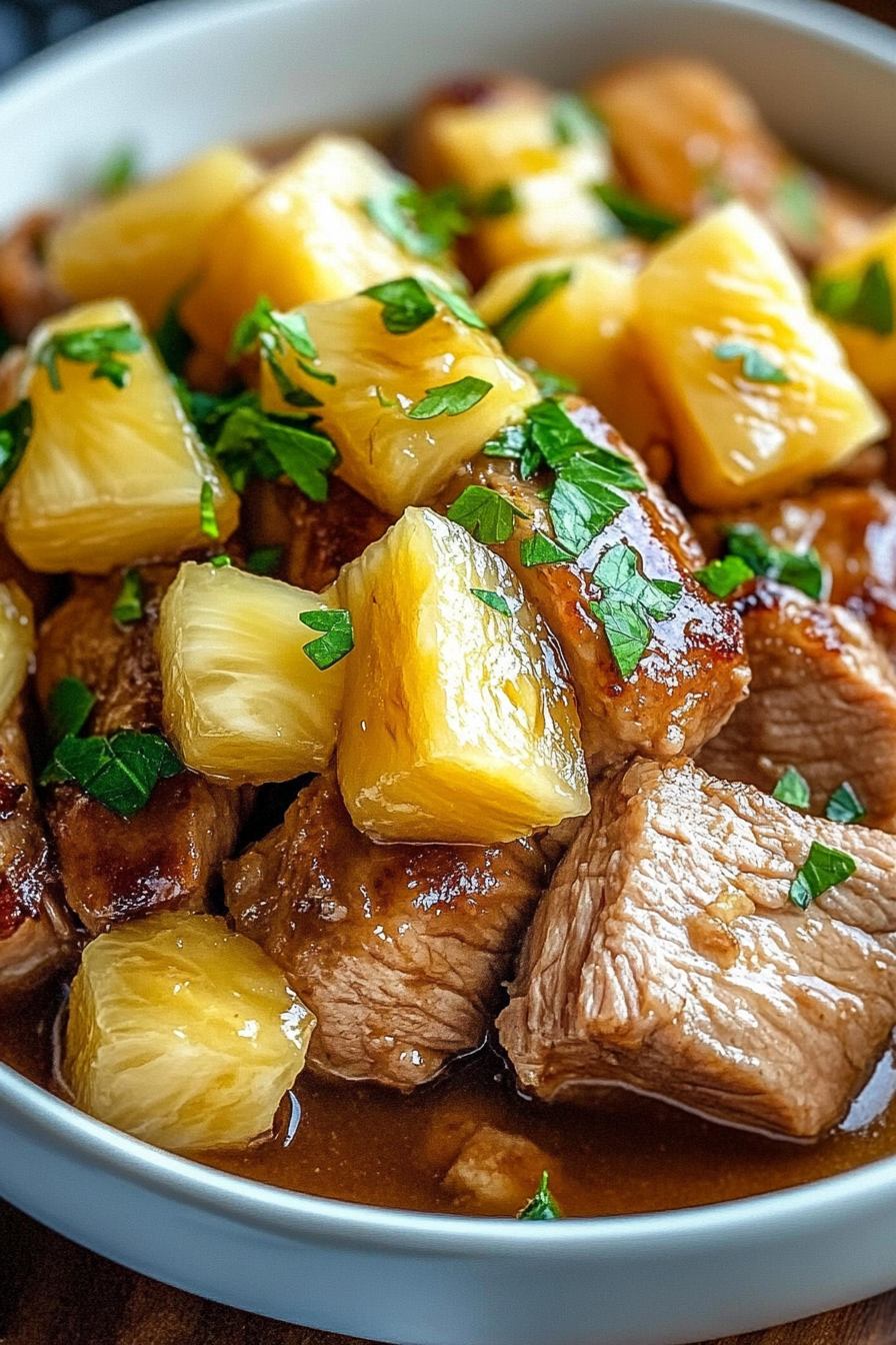 Platter of Slow Cooker Pineapple Pork garnished with parsley