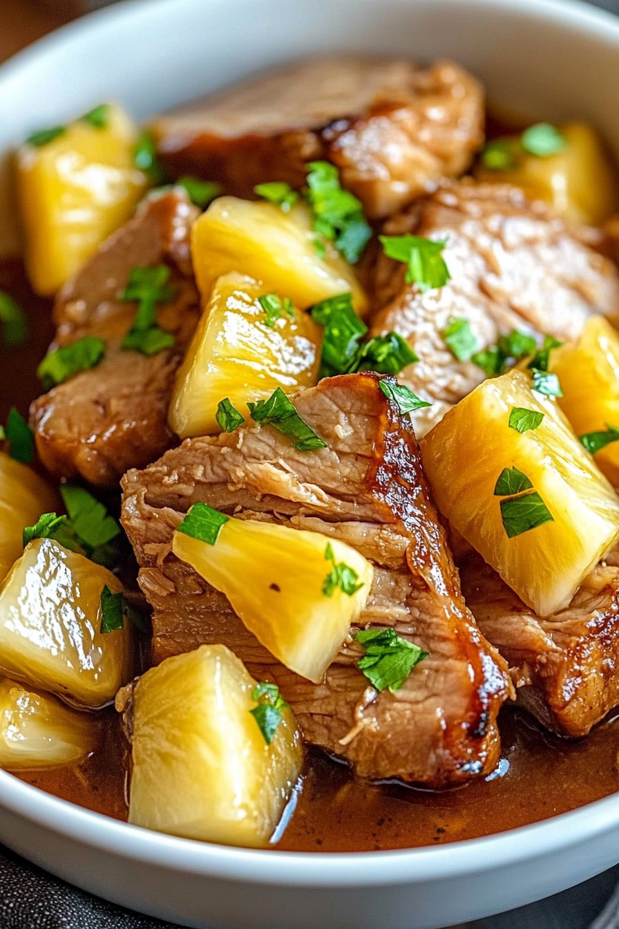 Slow Cooker Pineapple Pork served with rice