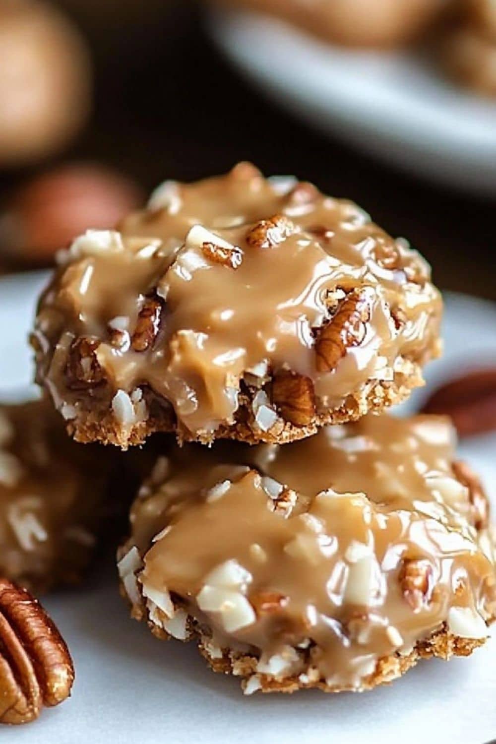 Shiny praline mound with toasted pecans visible.