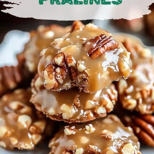 Close‑up coconut pecan pralines cooling on parchment.