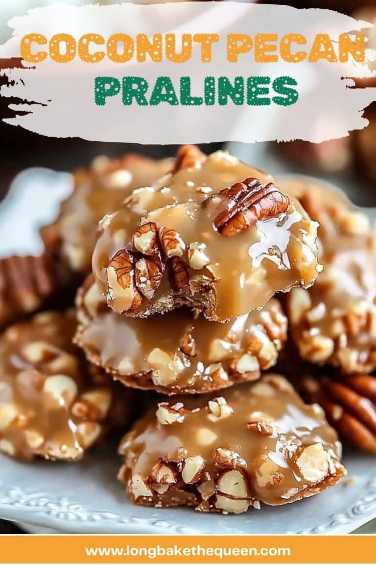 Close‑up coconut pecan pralines cooling on parchment.