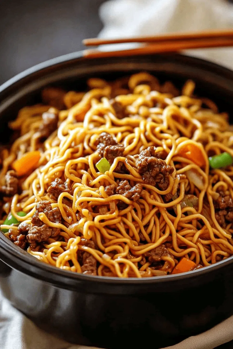 Asian-inspired beef chow mein with vegetables and sauce