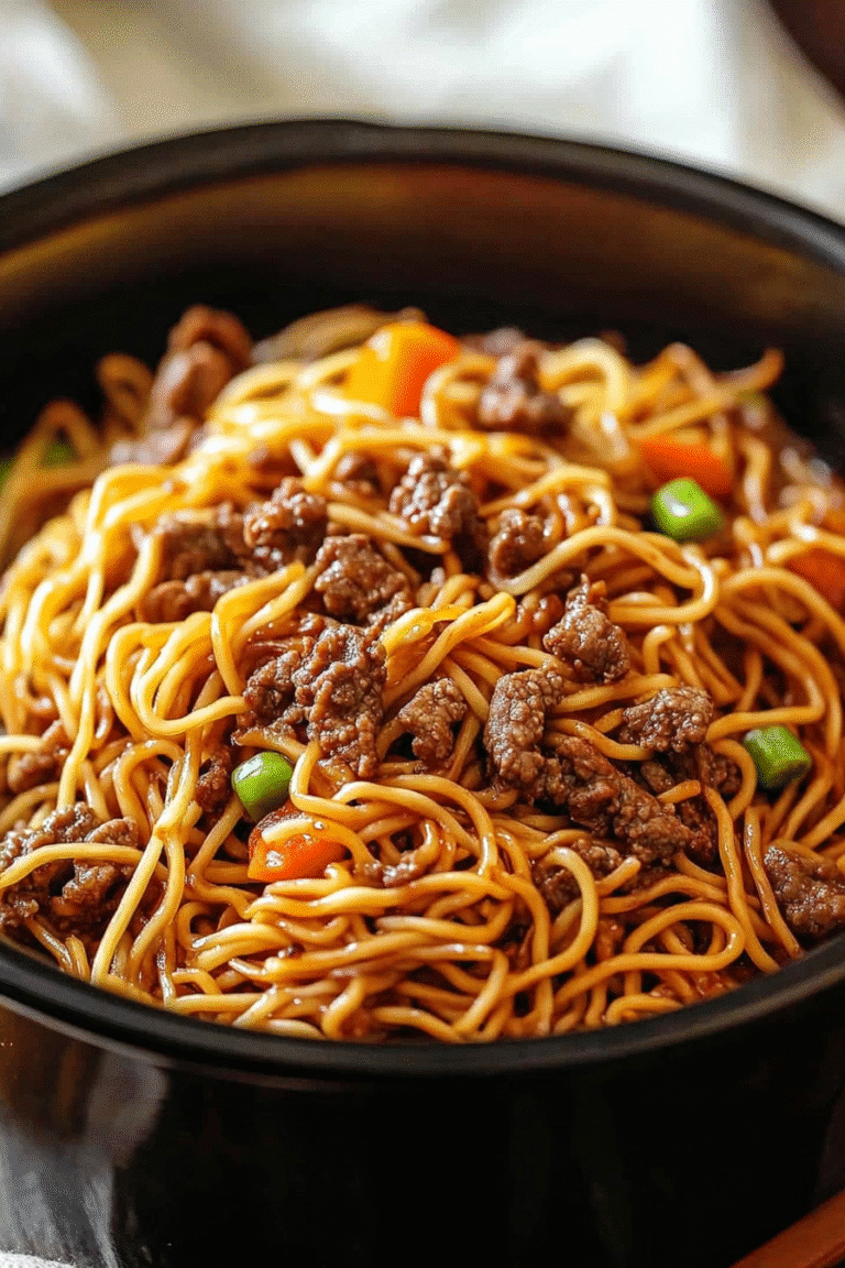Crockpot ground beef chow mein topped with green onions