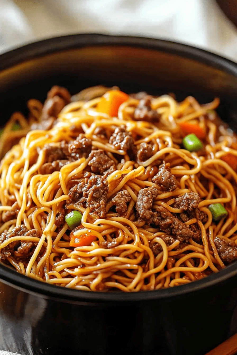 Crockpot ground beef chow mein topped with green onions
