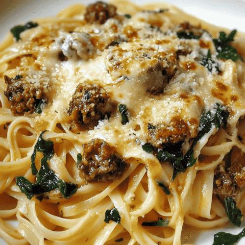 Pasta with spinach and sausage in garlic butter sauce