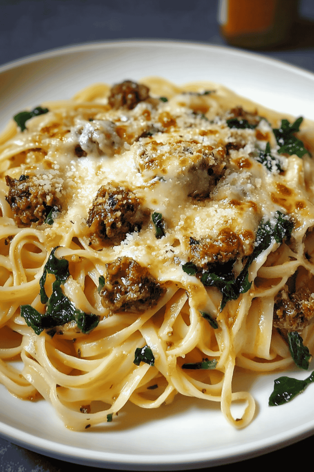 Pasta with spinach and sausage in garlic butter sauce