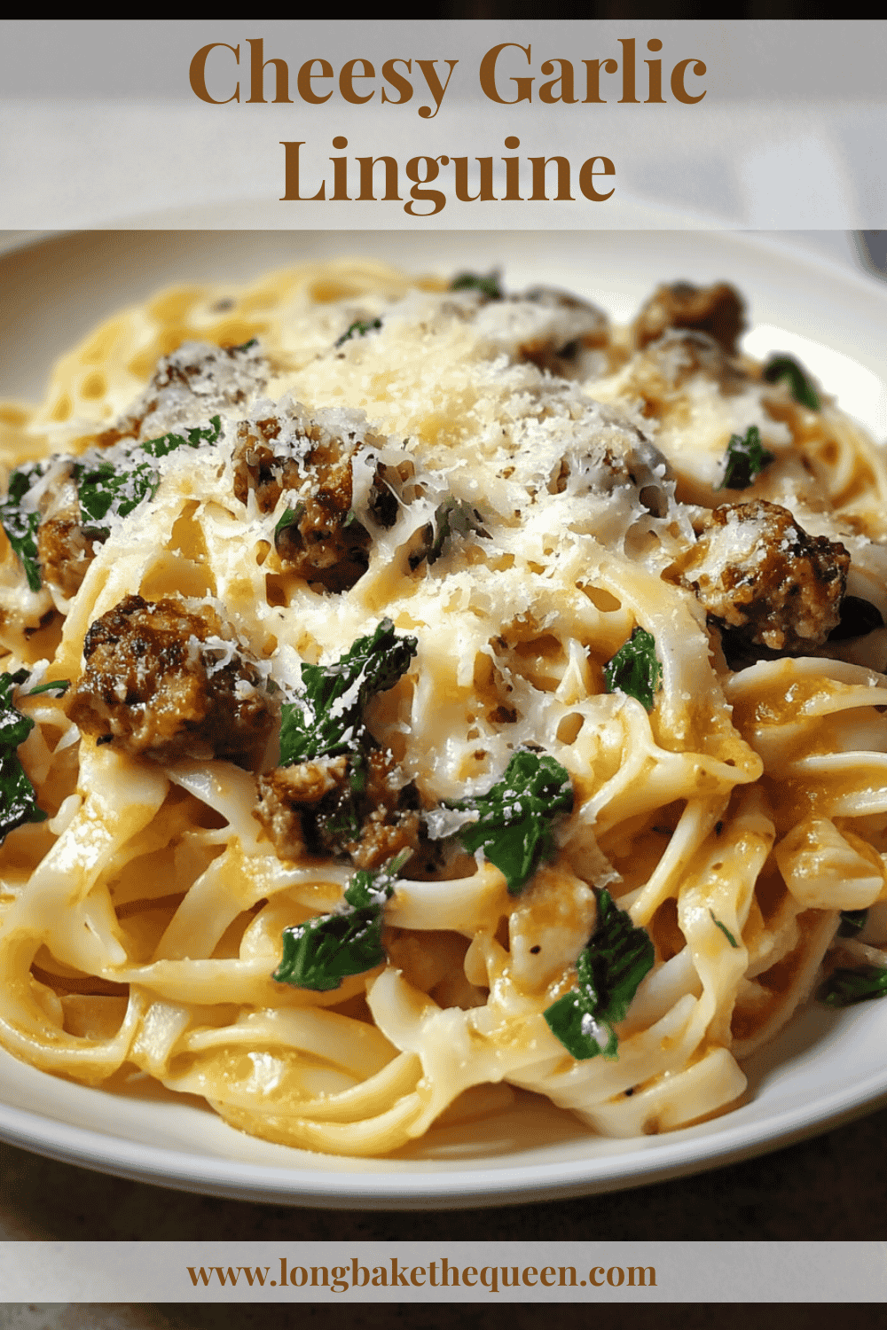 Creamy cheesy garlic linguine with beef and sausage