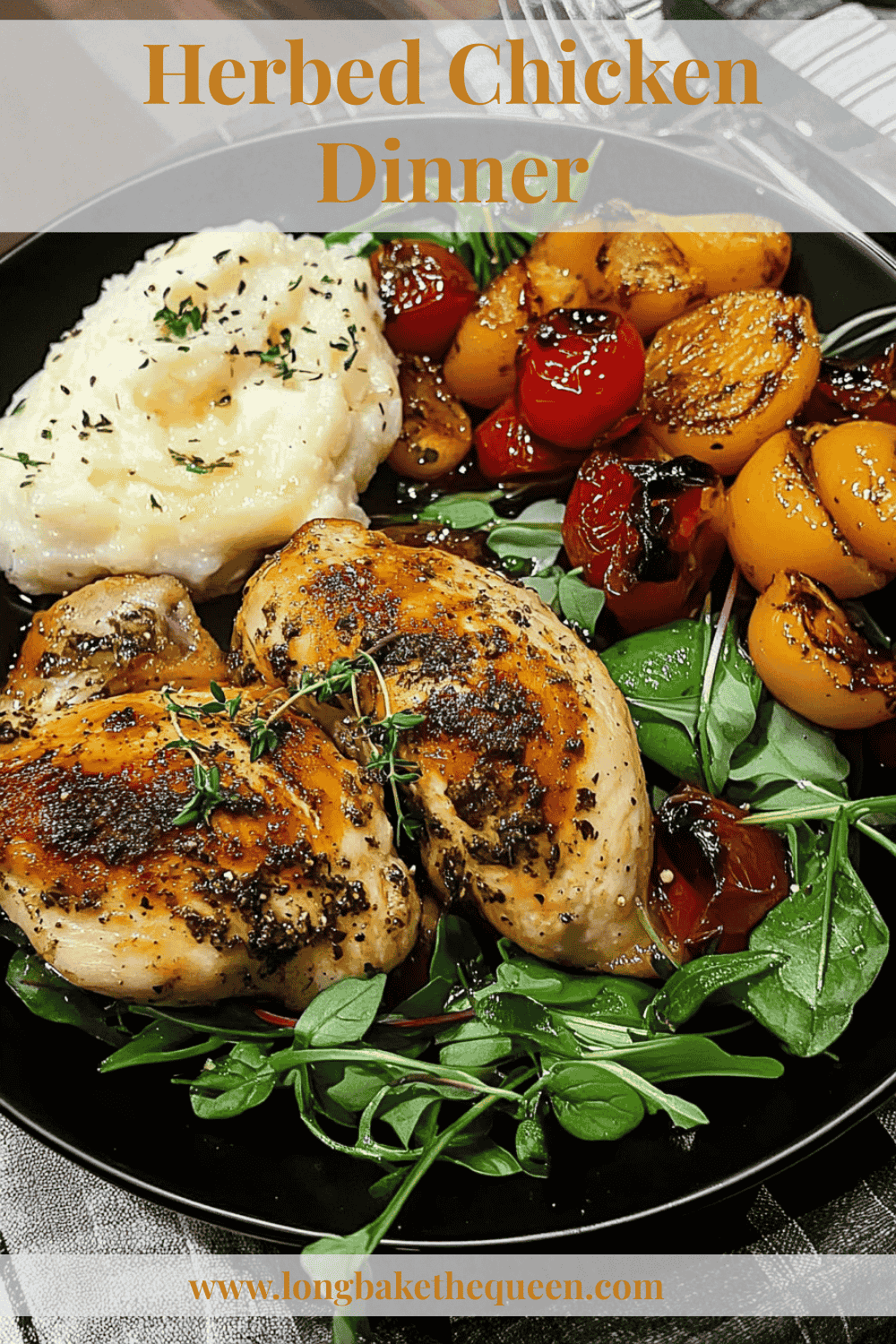 Sliced herbed chicken with mashed potatoes and salad