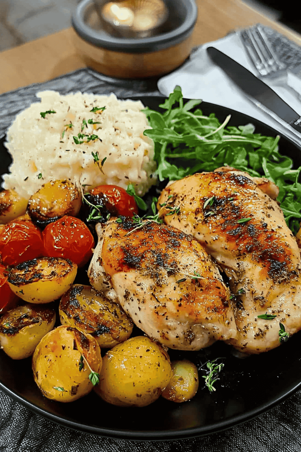 Creamy mashed potatoes next to golden pan-seared chicken