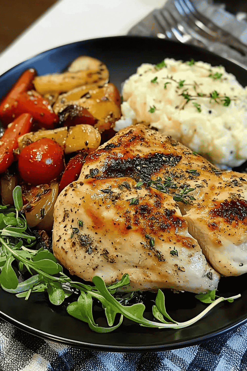 Close-up of full plated chicken dinner with vibrant veggies