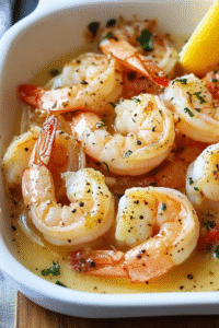 Oven-baked shrimp with lemon slices and crusty bread