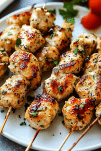 Juicy grilled chicken skewers topped with Parmesan cheese