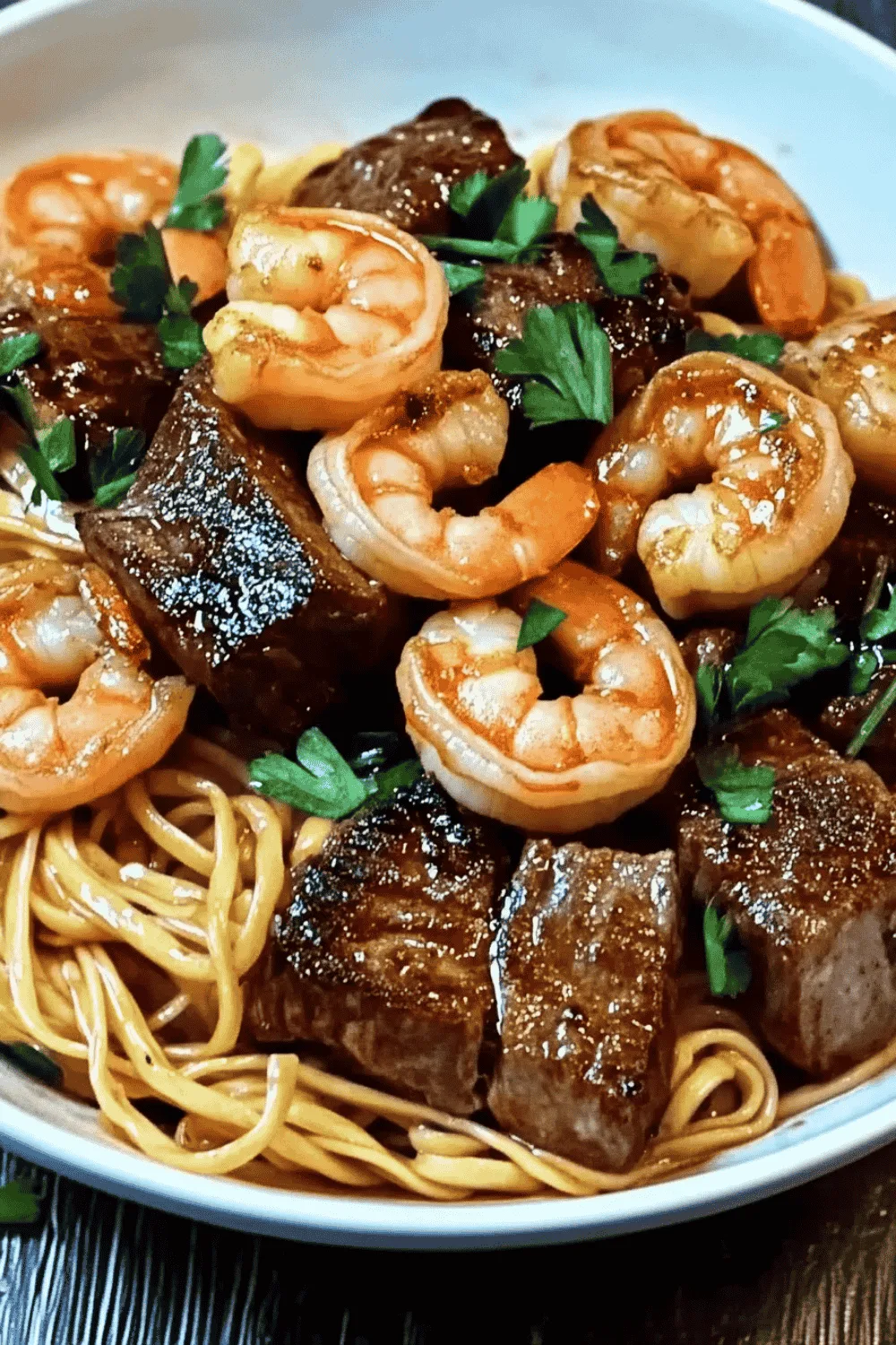 Stir-fried surf and turf noodles in soy-based sauce