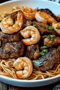 Steak and shrimp noodles in a wok