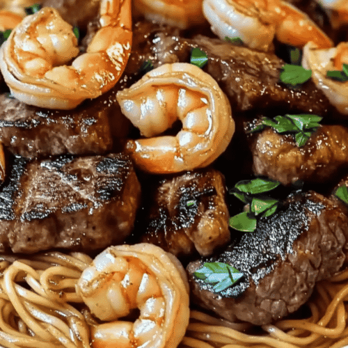 Steak and shrimp noodles in a wok