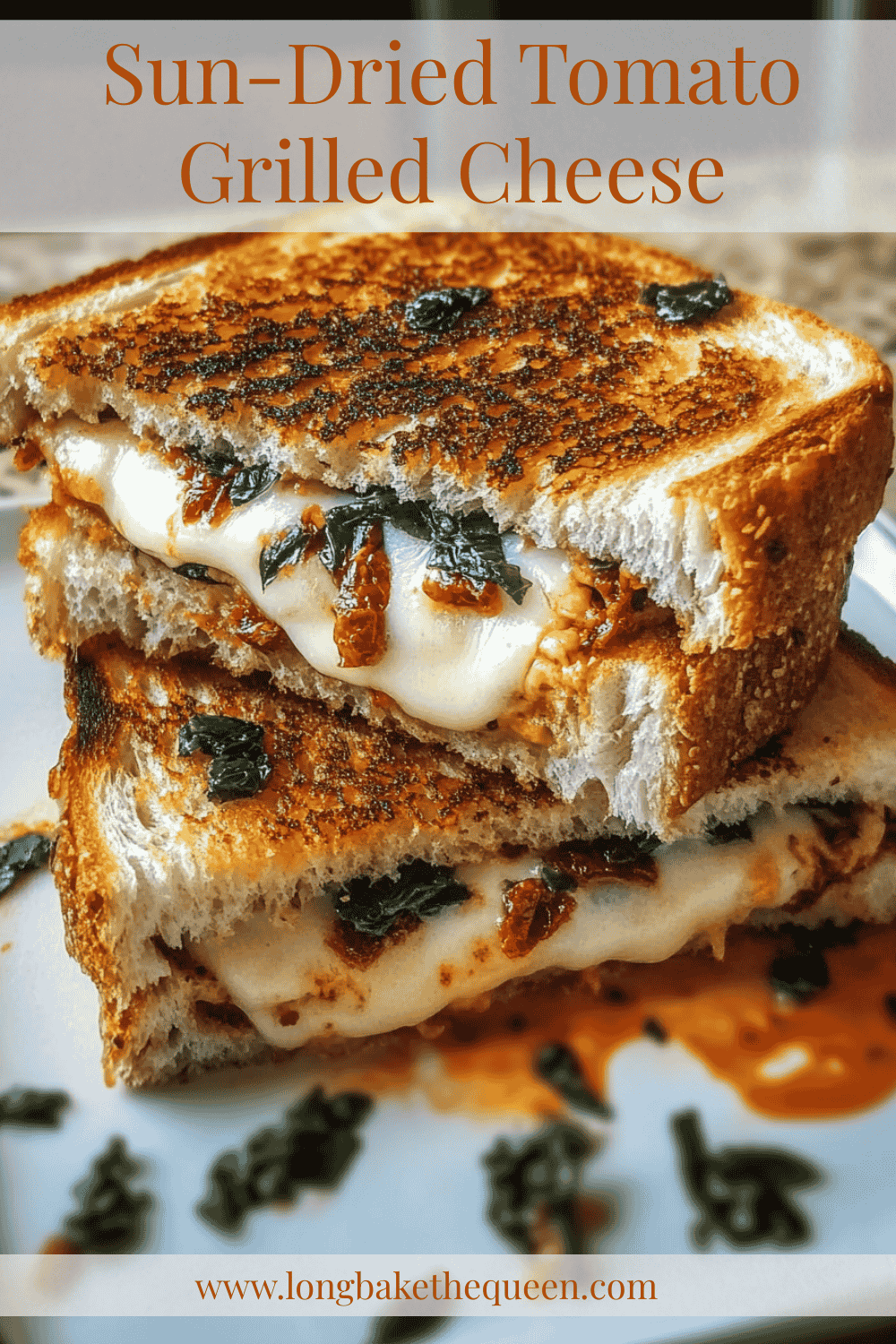 Sun-dried tomato grilled cheese sandwich sliced open