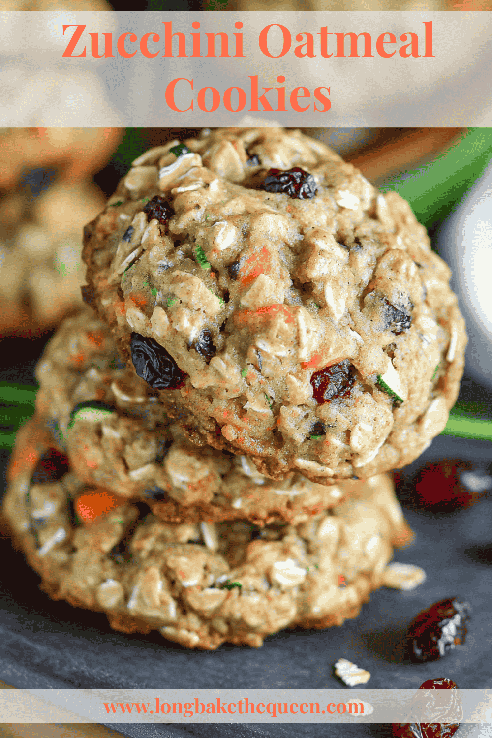 Stack of zucchini oatmeal cookies with cranberries