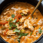 Overhead shot of slow-cooked chili in a crockpot