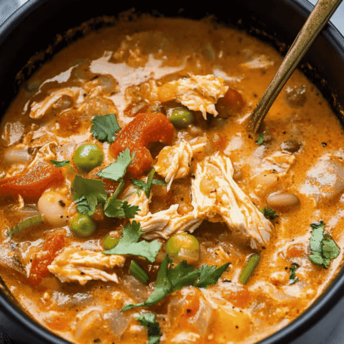 Overhead shot of slow-cooked chili in a crockpot