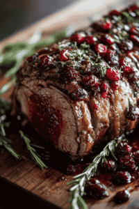 Sliced pork loin topped with fruit