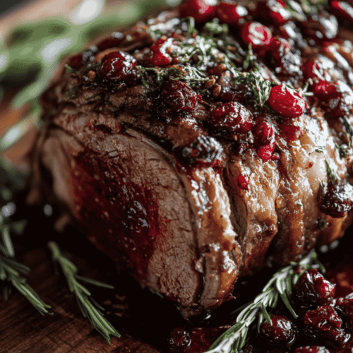 Sliced pork loin topped with fruit